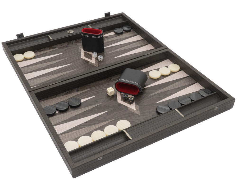 The Manopoulos Ebony And Gray Oak Luxury Backgammon Set With Vinyl Deluxe Cups