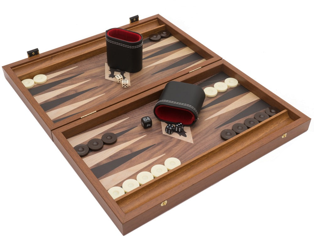 The Manopoulos Walnut, Black, And Oak Club Compact Backgammon Set With Vinyl Deluxe Cups